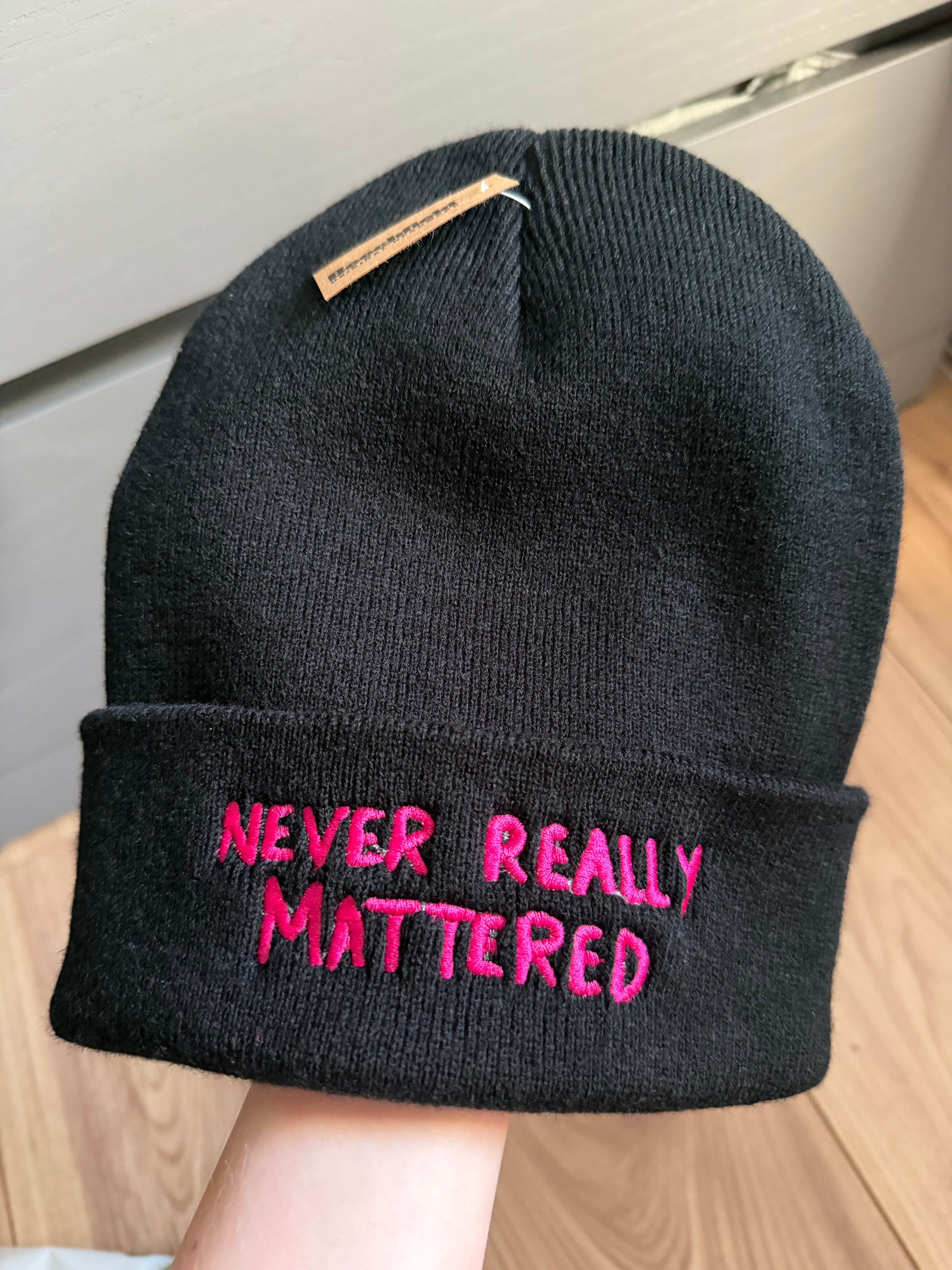 Never Really Mattered Embroidered Cuffed Beanie – Black & Pink